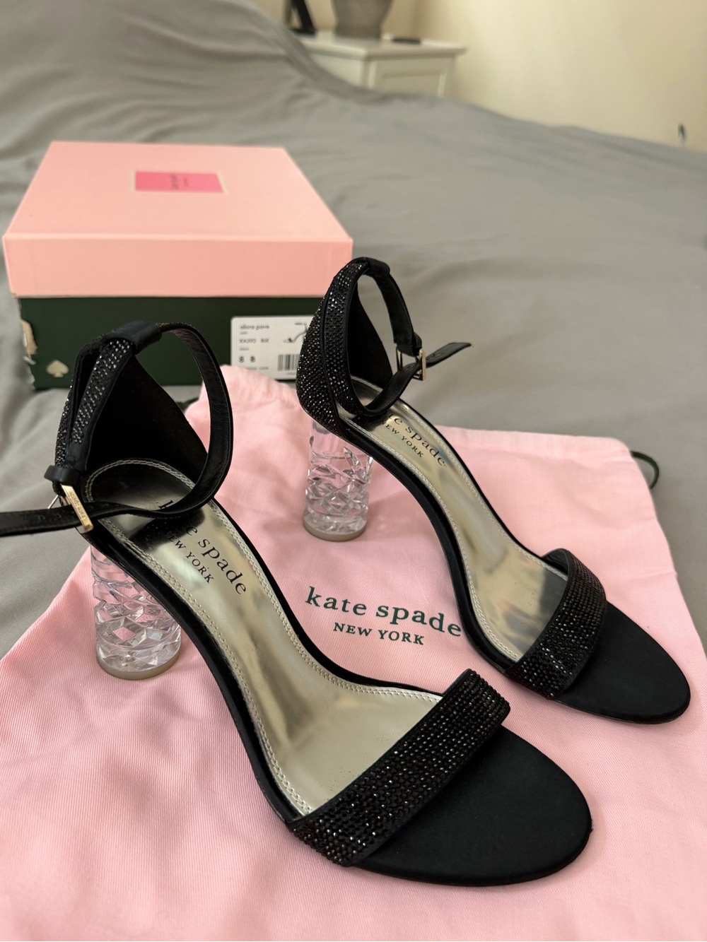 kate spade Black Crystal-Embellished Ankle-Strap Heels with Clear Block Heel